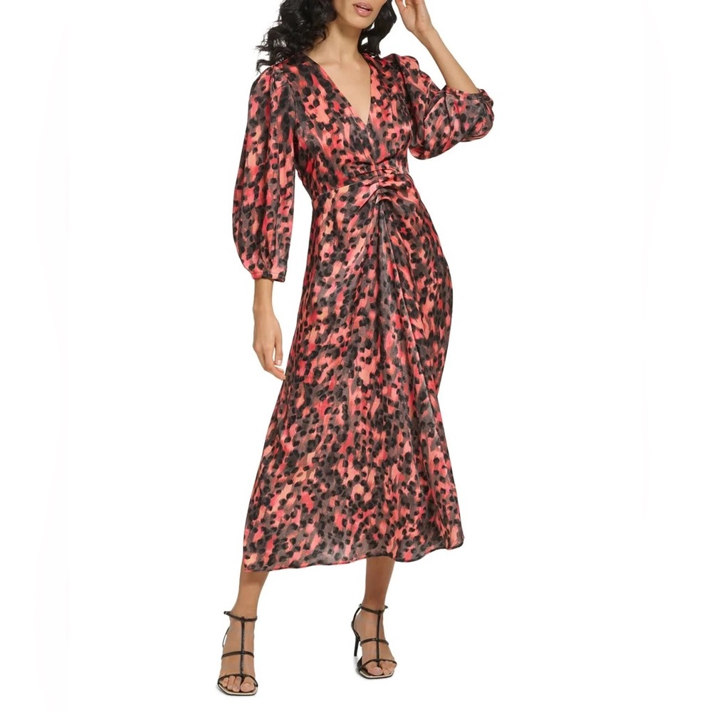 DKNY V-Neck Ruched Front Dress in Permission Multi, Size XL, New w/Tag